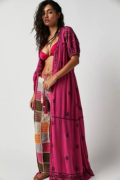 Trendy Cotton Embroidered Lace Up Maxi