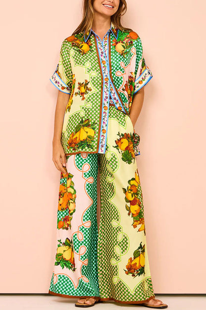 Satin Tropical Printed Casual Two Piece Set