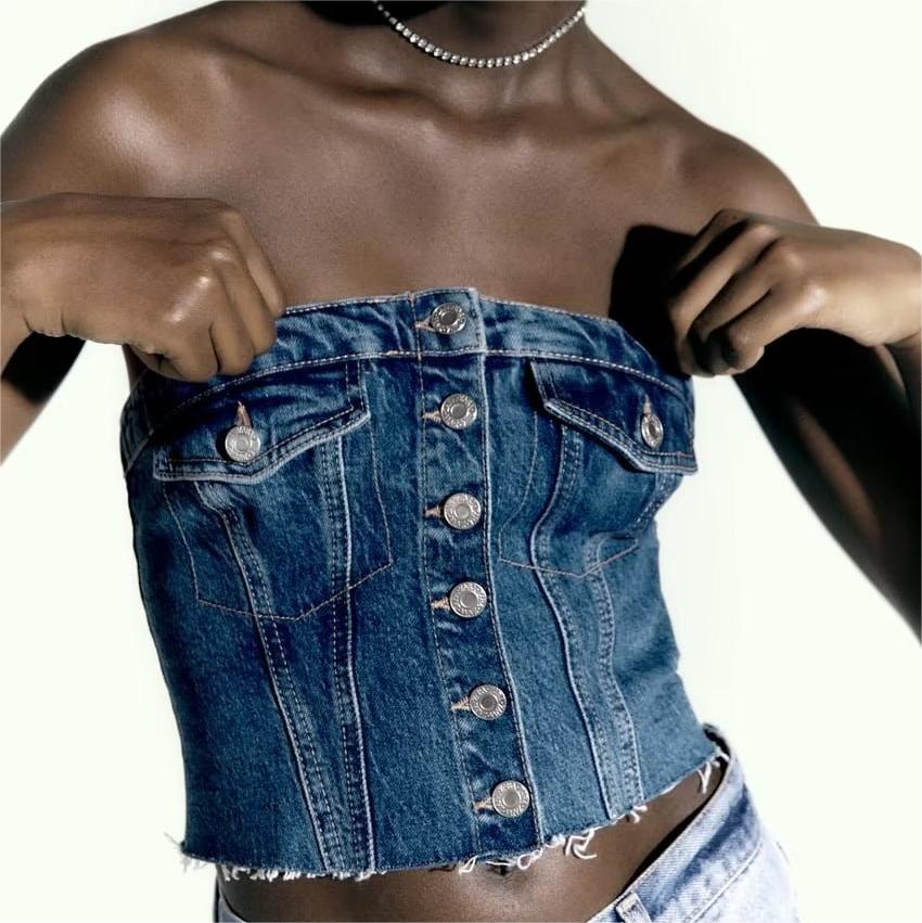 Shirley Washed Denim Corset Tube Top