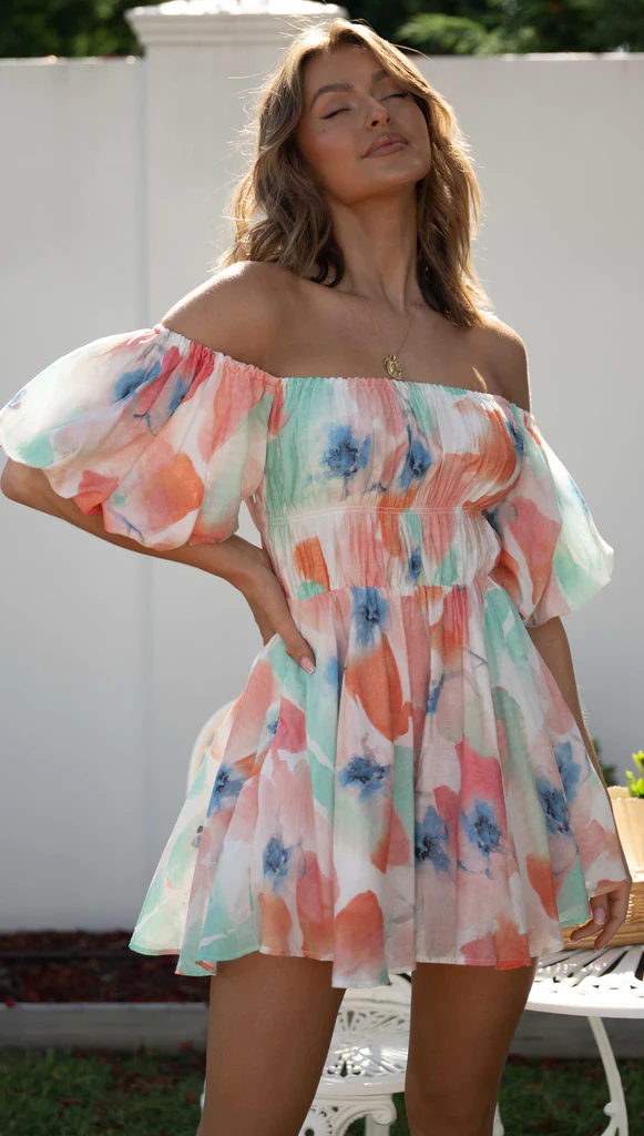 Vacation Tie Dye Printed Off Shoulder Dress