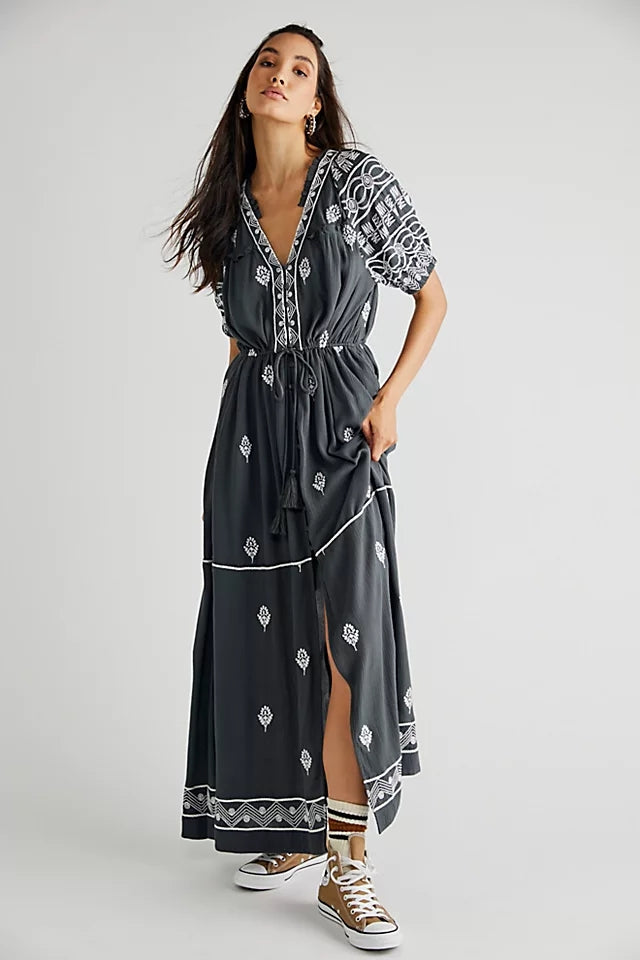 Trendy Cotton Embroidered Lace Up Maxi