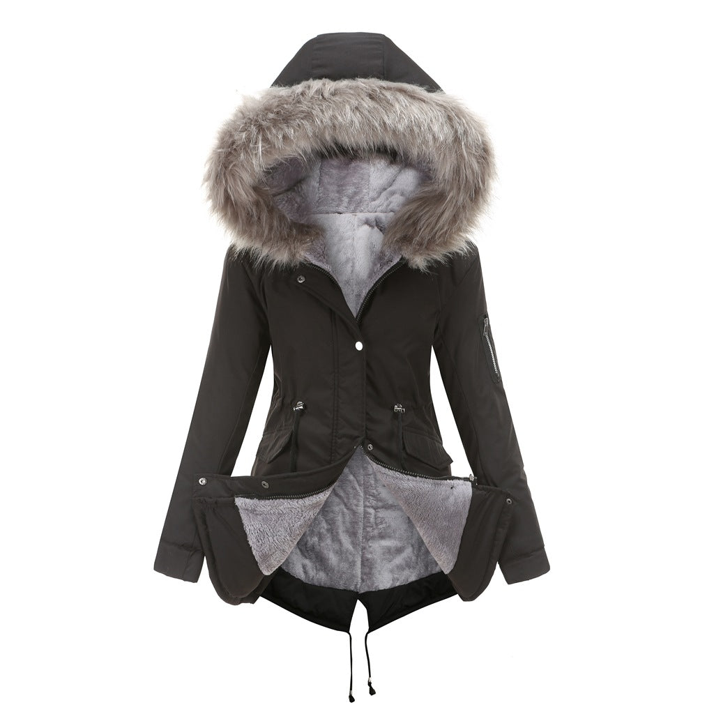 Womens black coats with big best sale fur hoods