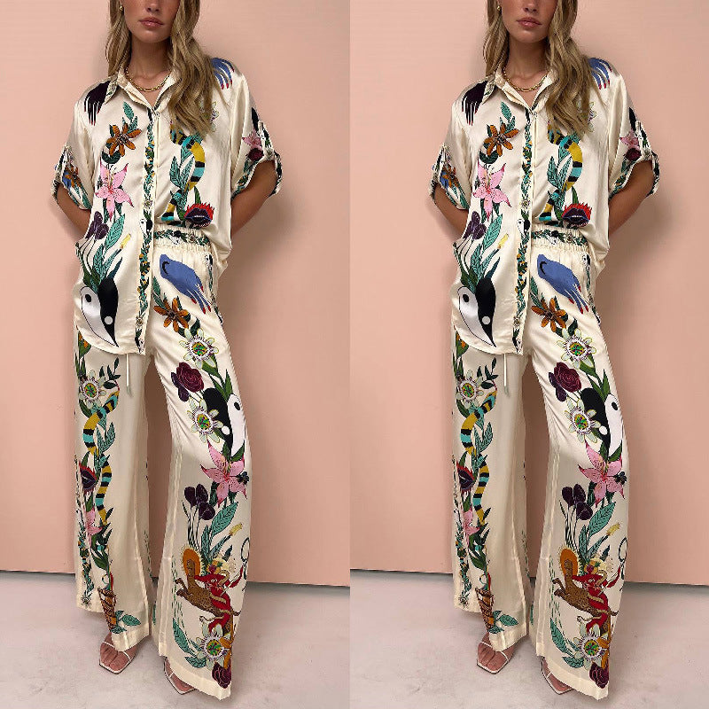 Satin Printed Casual Two-Piece Set