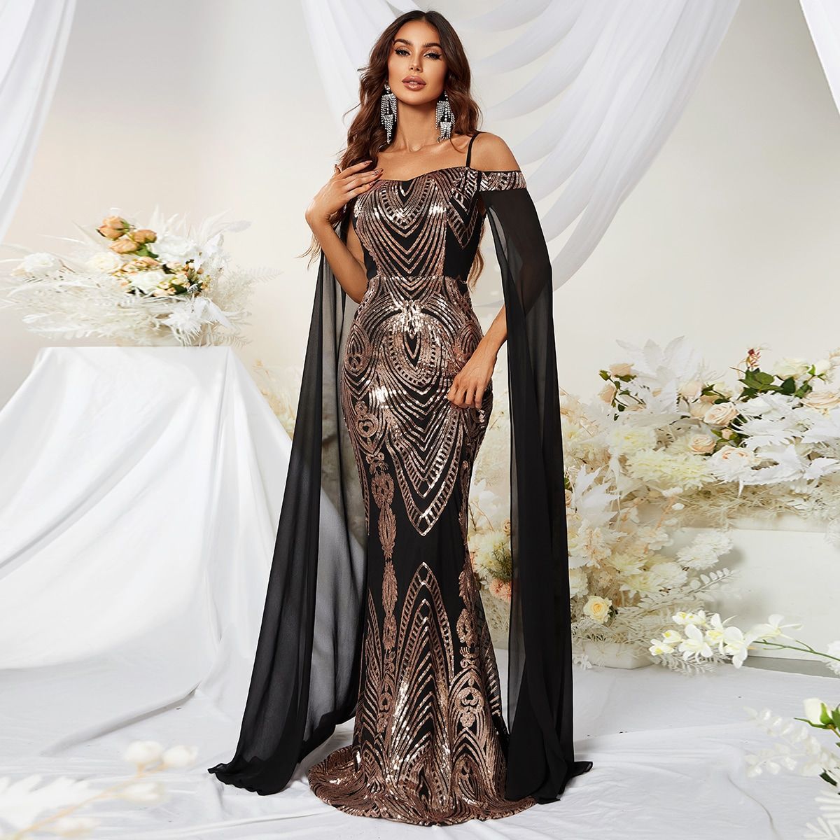 Maxine Sequined Embellished Off Shoulder Gown