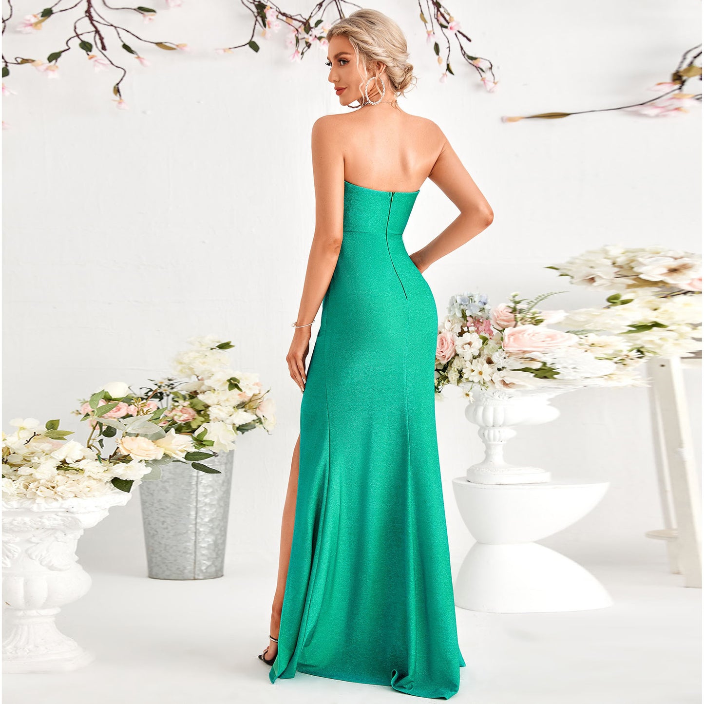 Green High Waist High Slit Evening Dress