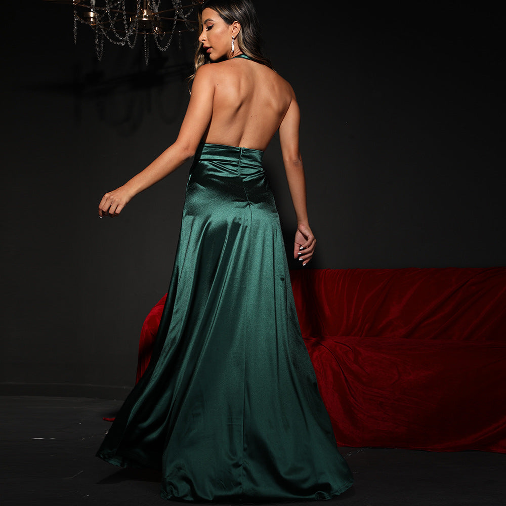 Green V neck Halter Open Back Evening Dress